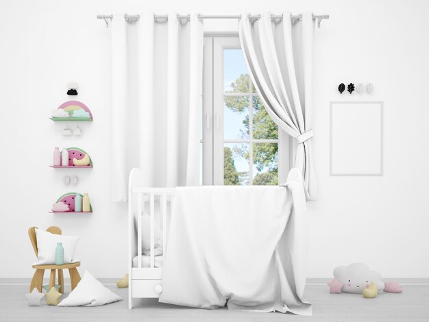 quarto de bebê branco realista com uma janela e um berço