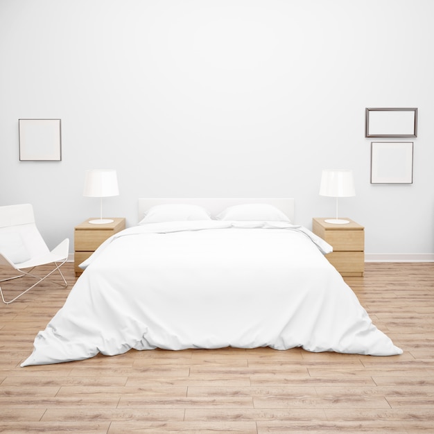 PSD grátis quarto ou quarto de hotel com cama de casal com edredom ou colcha branca, móveis de madeira e piso em parquet