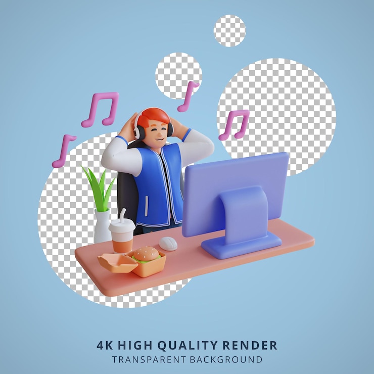 PSD grátis rapaz ouvindo música na ilustração de personagem 3d do computador