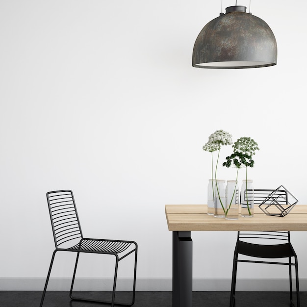 realista moderna sala de jantar brilhante com mesa e cadeiras de madeira