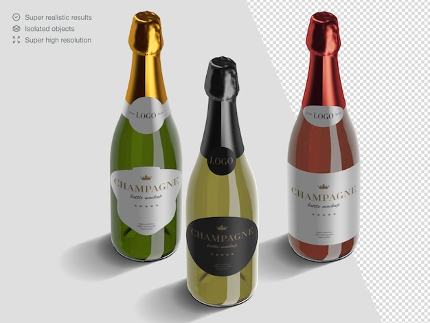 Realista variedade isométrica de modelo de maquete de garrafas de champanhe