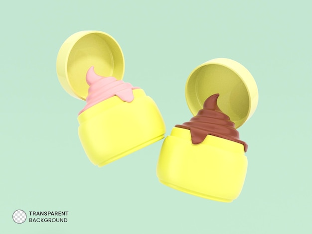 PSD grátis recipiente de creme de morango e chocolate com ícone de waffle stick ilustração 3d isolada