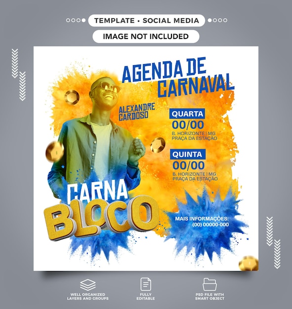 PSD grátis redes sociais feed calendário de shows do carnaval