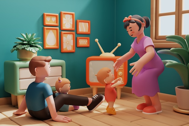 renderização 3D da cena da família