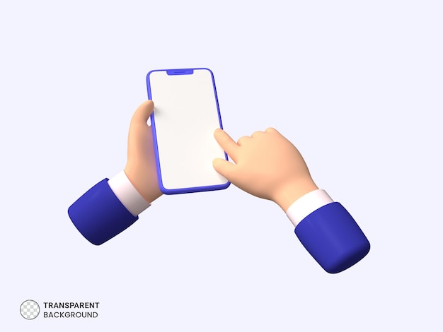 Renderização 3d da mão tocando o ícone do telefone celular isolado