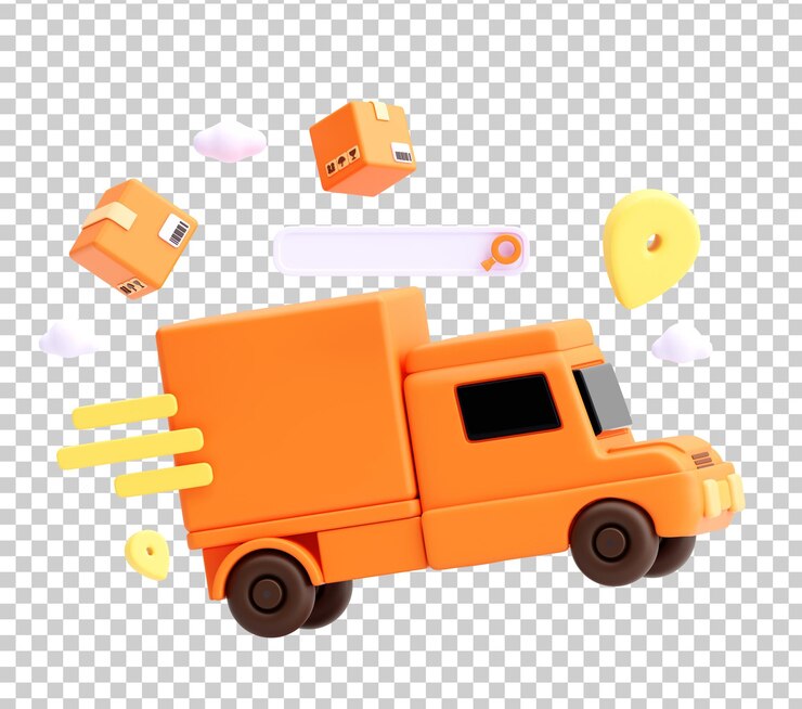 PSD grátis renderização 3d de caminhão de entrega expressa com pacotes flutuantes e pin do mapa em fundo transparente