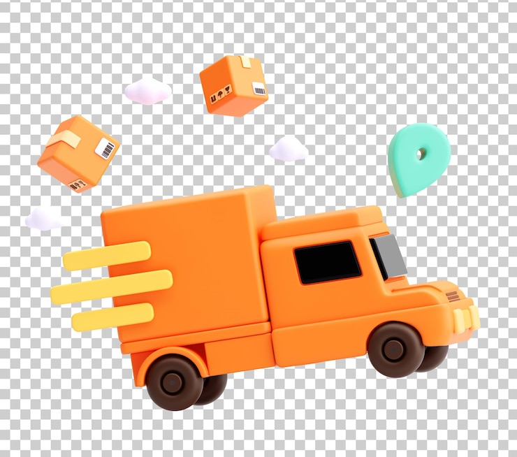 PSD grátis renderização 3d de caminhão de entrega expressa com pacotes flutuantes em fundo transparente