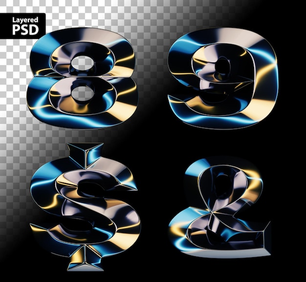 PSD grátis renderização 3d de letras cromadas brilhantes com efeito de luzes brilhantes