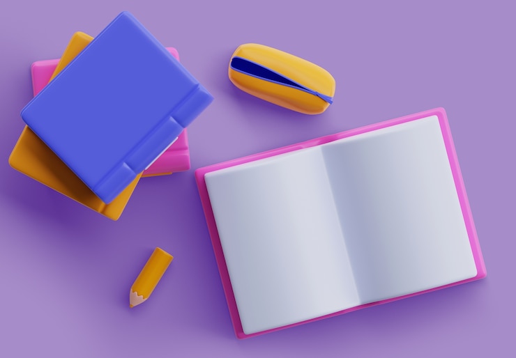 PSD grátis renderização 3d de livros e cadernos, banner em branco para promoções