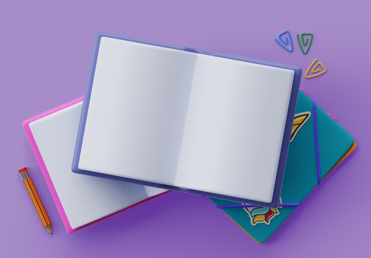 PSD grátis renderização 3d de livros e cadernos, banner em branco para promoções