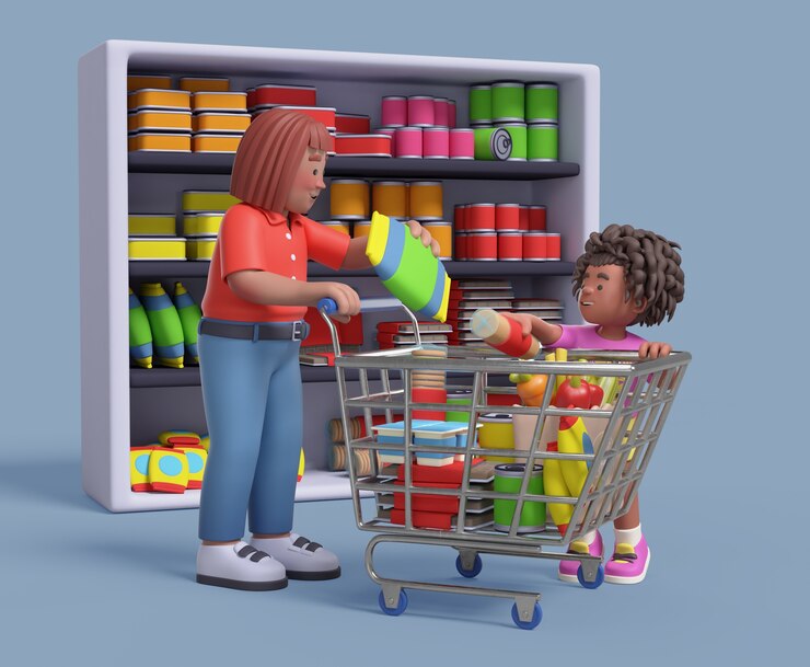 PSD grátis renderização 3d de mulher com criança no supermercado