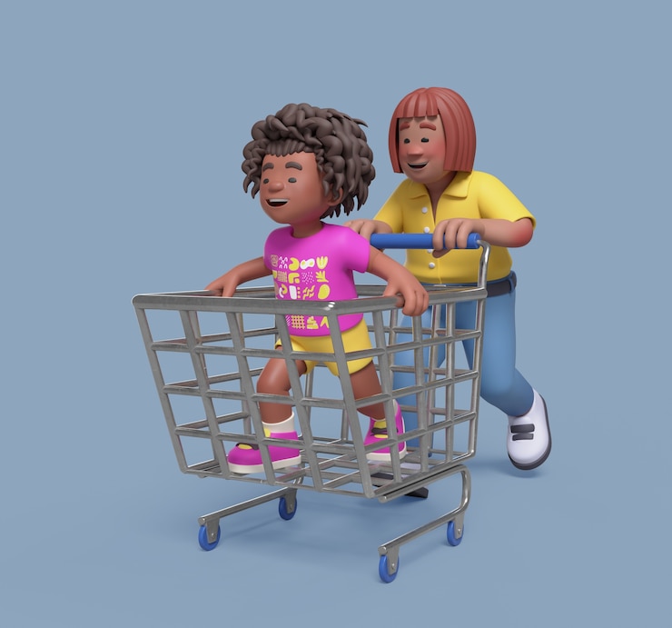 PSD grátis renderização 3d de mulher com criança no supermercado