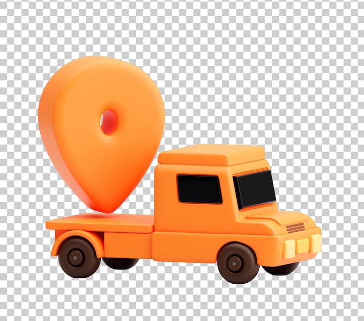 PSD grátis renderização 3d de um caminhão de entrega laranja com ícone de pin de localização em fundo transparente