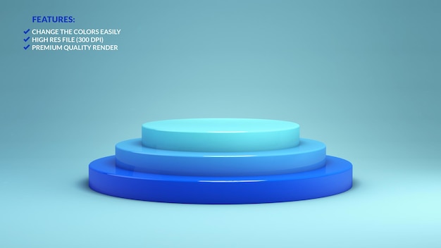 Renderização 3d de um pódio azul minimalista em um fundo azul para apresentação do produto