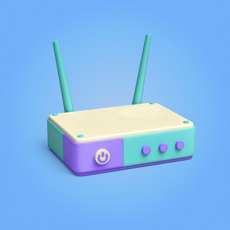 PSD grátis renderização 3d de um roteador colorido com antenas e um botão de alimentação