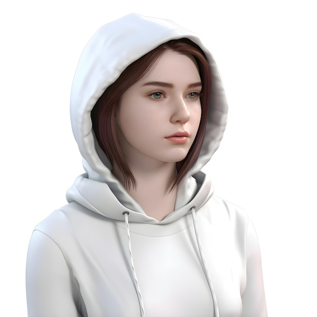 Renderização 3d de uma menina com um capuz branco com um capuchão