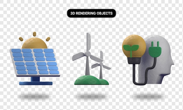 Renderização 3d do moinho de vento de energia solar e pense verde