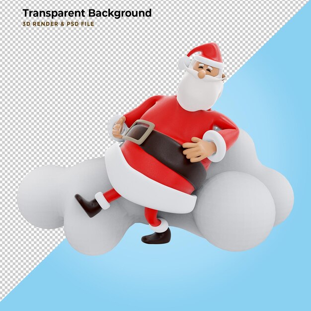 Renderização 3D, ilustração digital, personagem de desenho animado do Papai Noel, nuvem