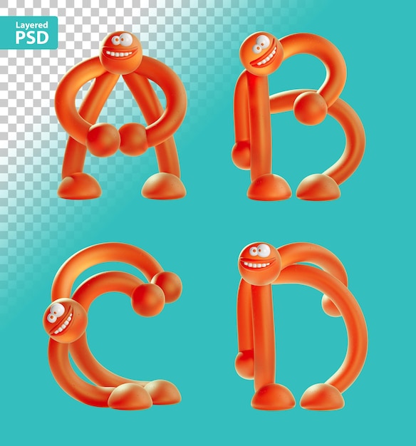 PSD grátis renderização em 3d de humanos laranja de desenho animado em forma de letras do alfabeto inglês