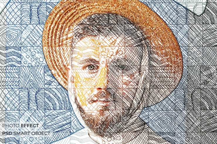 PSD grátis retrato de pessoa com efeito de mosaico de rabiscos
