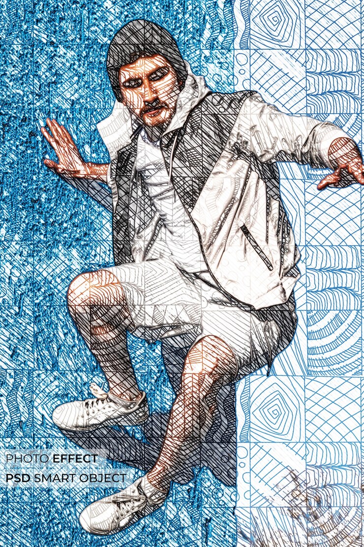 PSD grátis retrato de pessoa com efeito de mosaico doodle