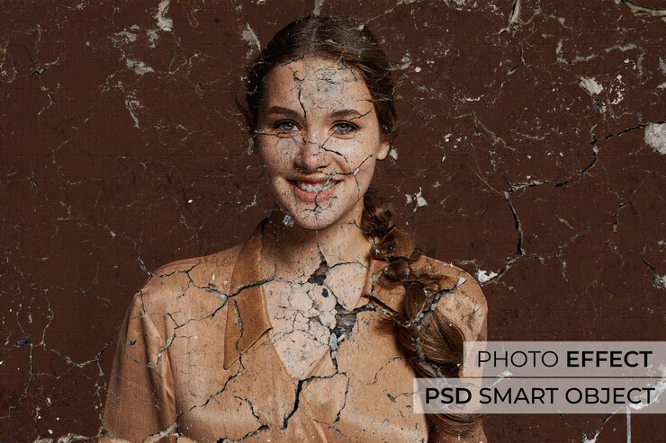 PSD grátis retrato de pessoa com efeito de parede rachada