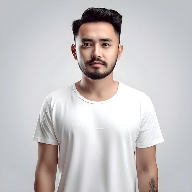 Retrato de um jovem bonito de camiseta branca em fundo cinza