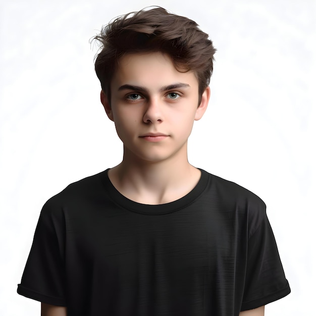 Retrato de um jovem bonito de camiseta preta em fundo branco