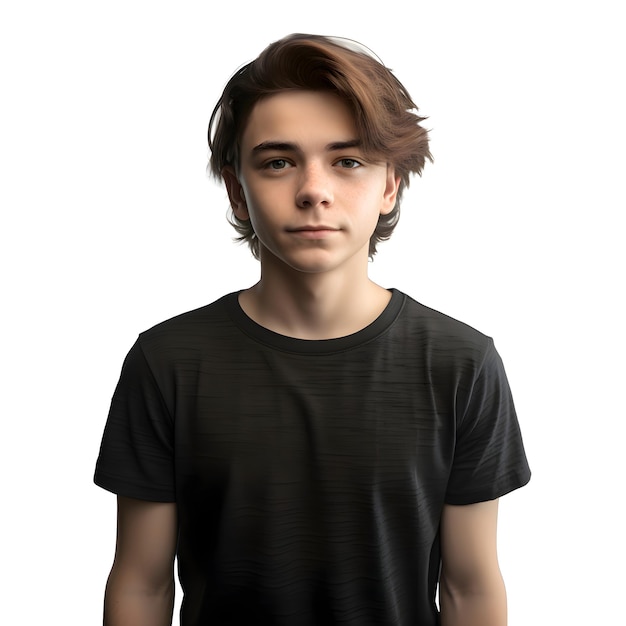 Retrato de um menino adolescente com uma camiseta preta em um fundo branco