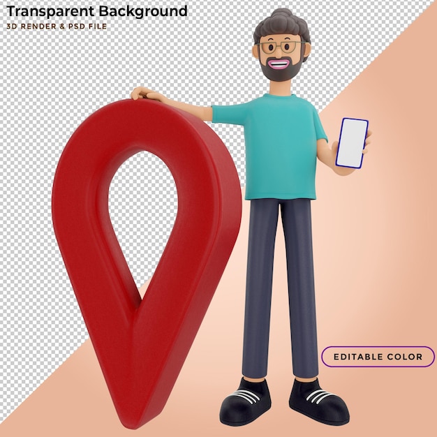 Retrato de um personagem de desenho animado bonito com telefone e pino. conceito de gps. ilustração 3d