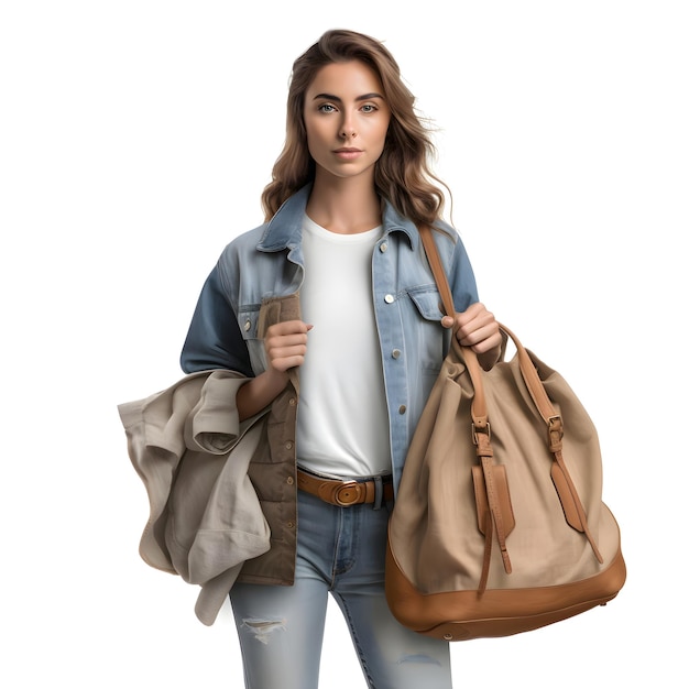 Retrato de uma bela jovem com uma mochila em um fundo branco