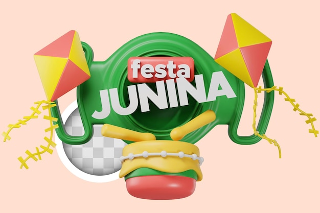 Rótulo de festa junina com bandeiras e tambores