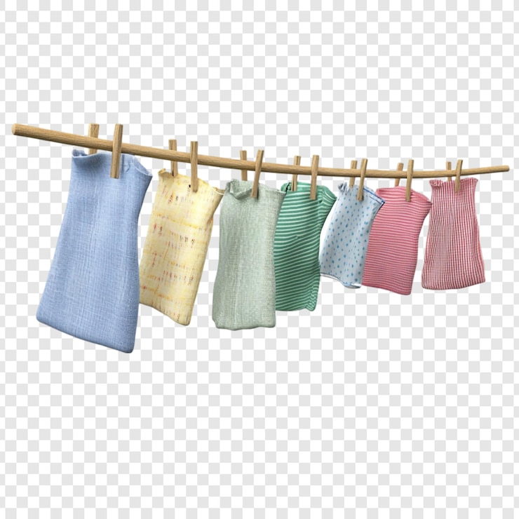 PSD grátis roupas penduradas em um cordão de roupa uma renderização 3d de roupas coloridas secando ao sol