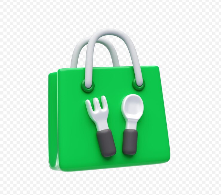PSD grátis saco de compras verde e colher e garfo conceito de venda de alimentos on-line ilustração de fundo 3d