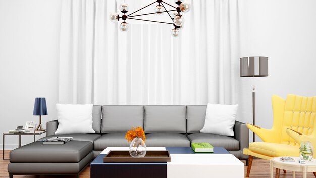 Sala de estar com sofá cinza e objetos