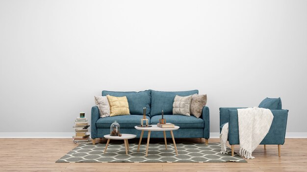 Sala de estar mínima com sofá e carpete clássicos, idéias de design de interiores