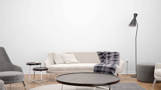 PSD grátis sala de estar mínima com sofá e mesa central, idéias de design de interiores