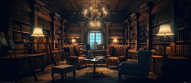 Sala de leitura na antiga biblioteca ou casa Generative AI
