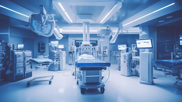 Sala de operação vazia do hospital com cama de cirurgia e luz de cirurgia generative ai