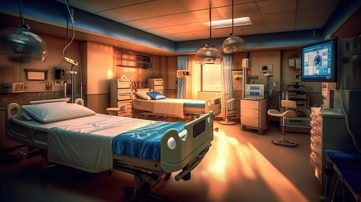 PSD grátis sala de recuperação hospitalar com camas e cadeiras generative ai