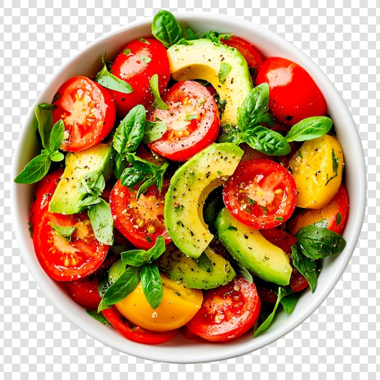 PSD grátis salada de abacate e tomate fresco em uma tigela branca sobre um fundo transparente