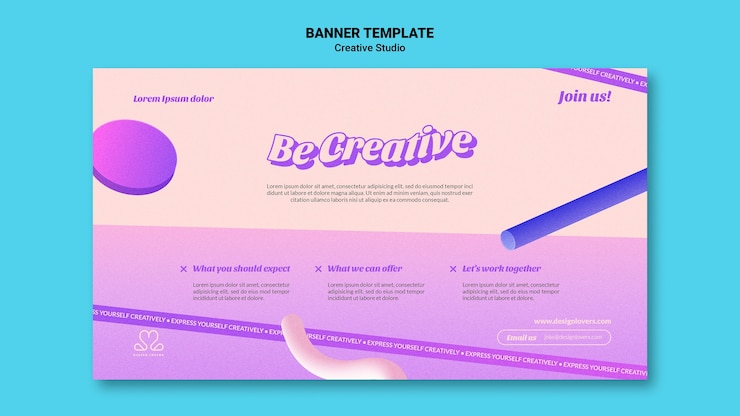 PSD grátis seja modelo de banner horizontal de estúdio de design criativo com formas 3d
