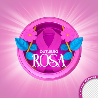 Selo 3d em português para composição de prevenção do câncer de mama rosa de outubro