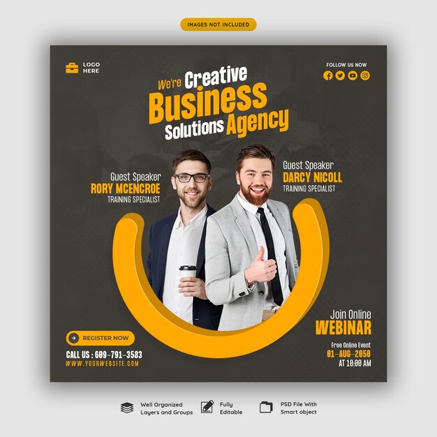 Seminário on-line ao vivo de marketing digital e modelo de postagem em mídia social corporativa
