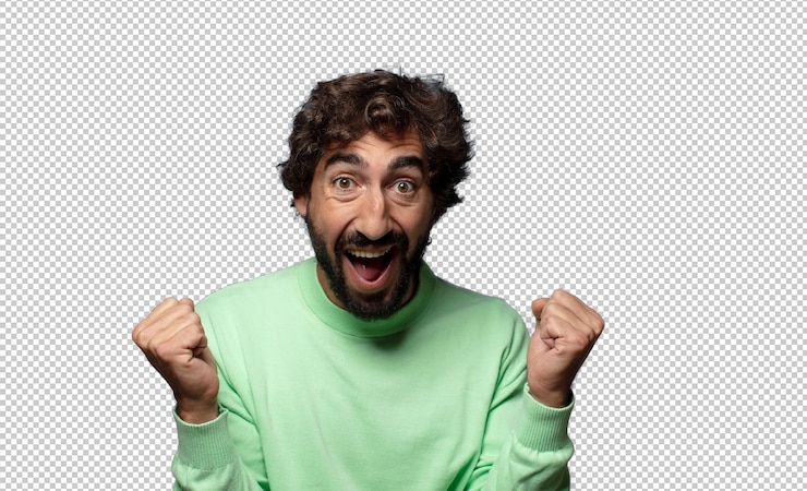 PSD grátis sentindo-se chocado, entusiasmado e feliz, rindo e celebrando o sucesso, dizendo: "uau".