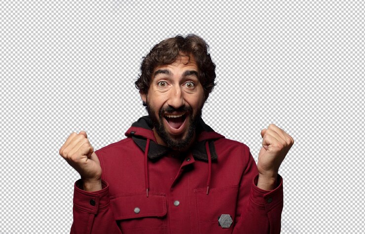 PSD grátis sentindo-se chocado, entusiasmado e feliz, rindo e celebrando o sucesso, dizendo: "uau".