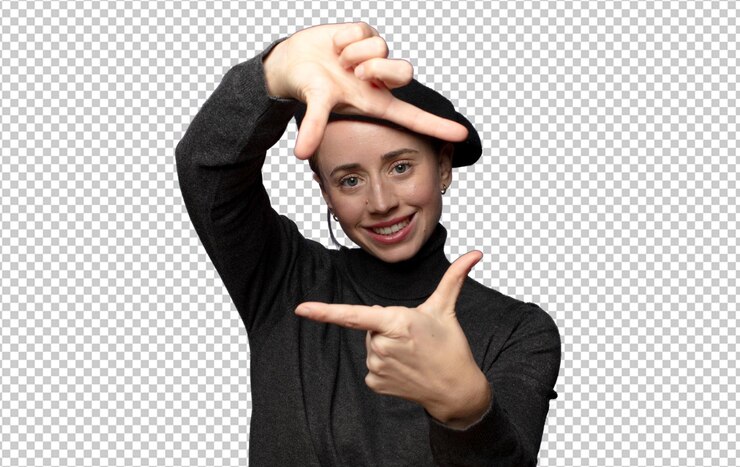 PSD grátis sentir-se feliz, amigável e positivo, sorrir e fazer um retrato ou uma moldura para fotos com as mãos