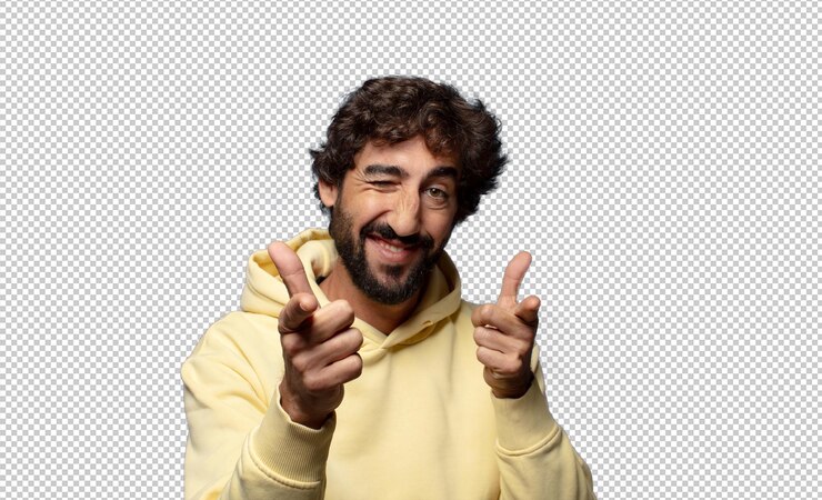 PSD grátis sentir-se feliz, fresco, satisfeito, relaxado e bem sucedido, apontando para a câmara, escolhendo-te.