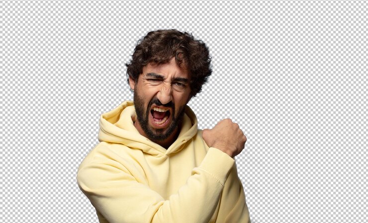 PSD grátis sentir-se feliz, satisfeito e poderoso, flexionar-se, ajustar-se e muscular os bíceps, parecer forte depois de ir ao ginásio.