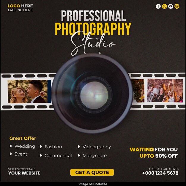 serviços de fotografia quadrado postagem de mídia social e modelo de design de banner da web